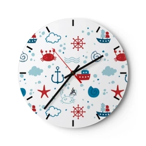 Orologio da parete - Orologio in Vetro - Motivi nautici nei colori bianco, blu e rosso - 30x30cm - Favola nel mare - Decorazione murale moderna per soggiorno, cucina e camera da letto ARTTOR