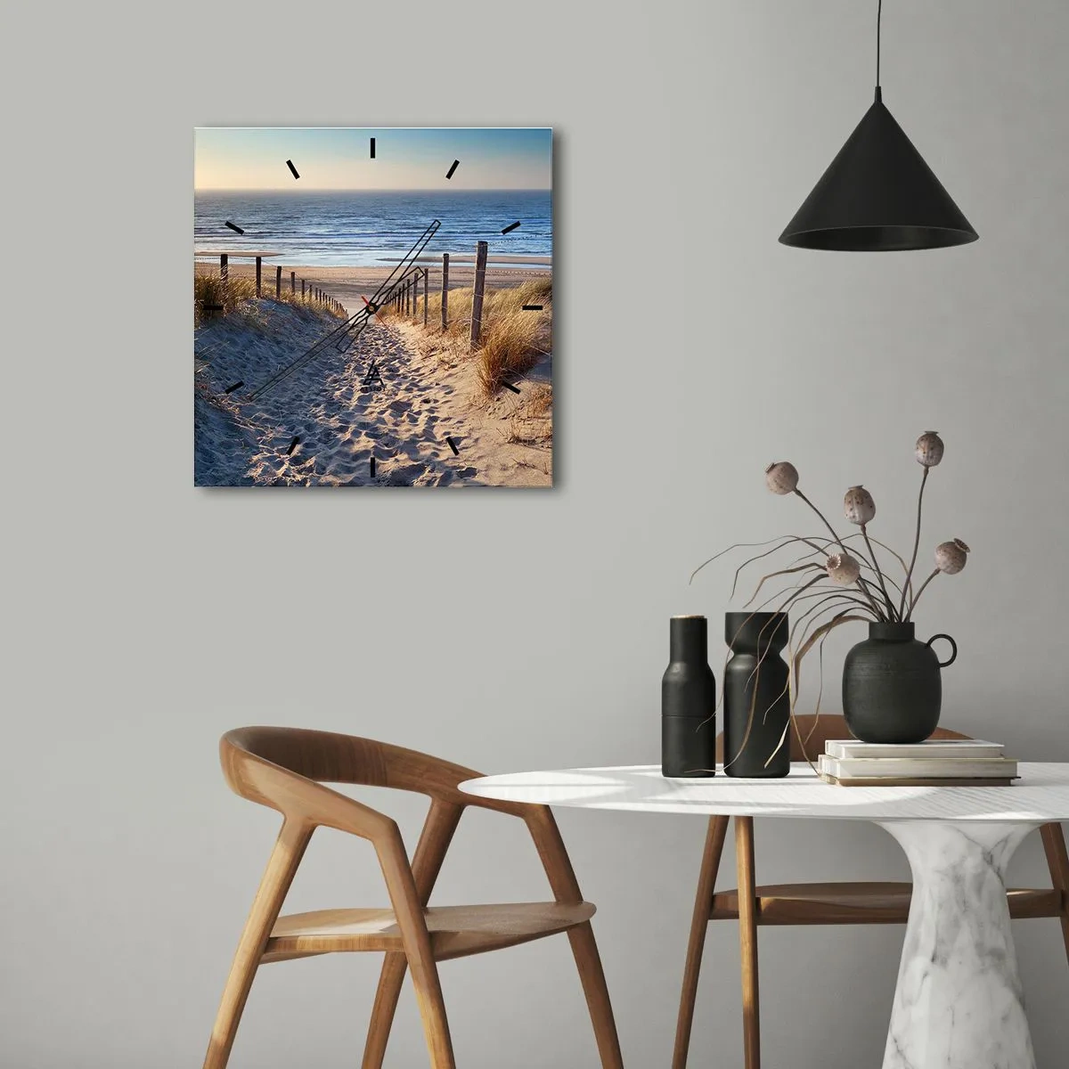 Orologio da parete - Orologio in Vetro - Sentiero tra le dune che conduce alla spiaggia - 30x30cm - Rumore del mare, uccelli che cantano, spiaggia selvatica tra i cespugli... - Decorazione murale moderna per soggiorno e camera da letto ARTTOR