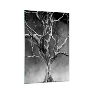 Quadro su vetro - Un albero secco in bianco e nero contro la nebbia - 70x100cm - Primordiale e sacro - Decorazione murale moderna per soggiorno e camera da letto ARTTOR