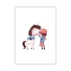 Poster - Una ragazza e un unicorno in abiti invernali si abbracciano - 50x70cm - Racconto d'inverno - Decorazione murale moderna per soggiorno e camera da letto ARTTOR