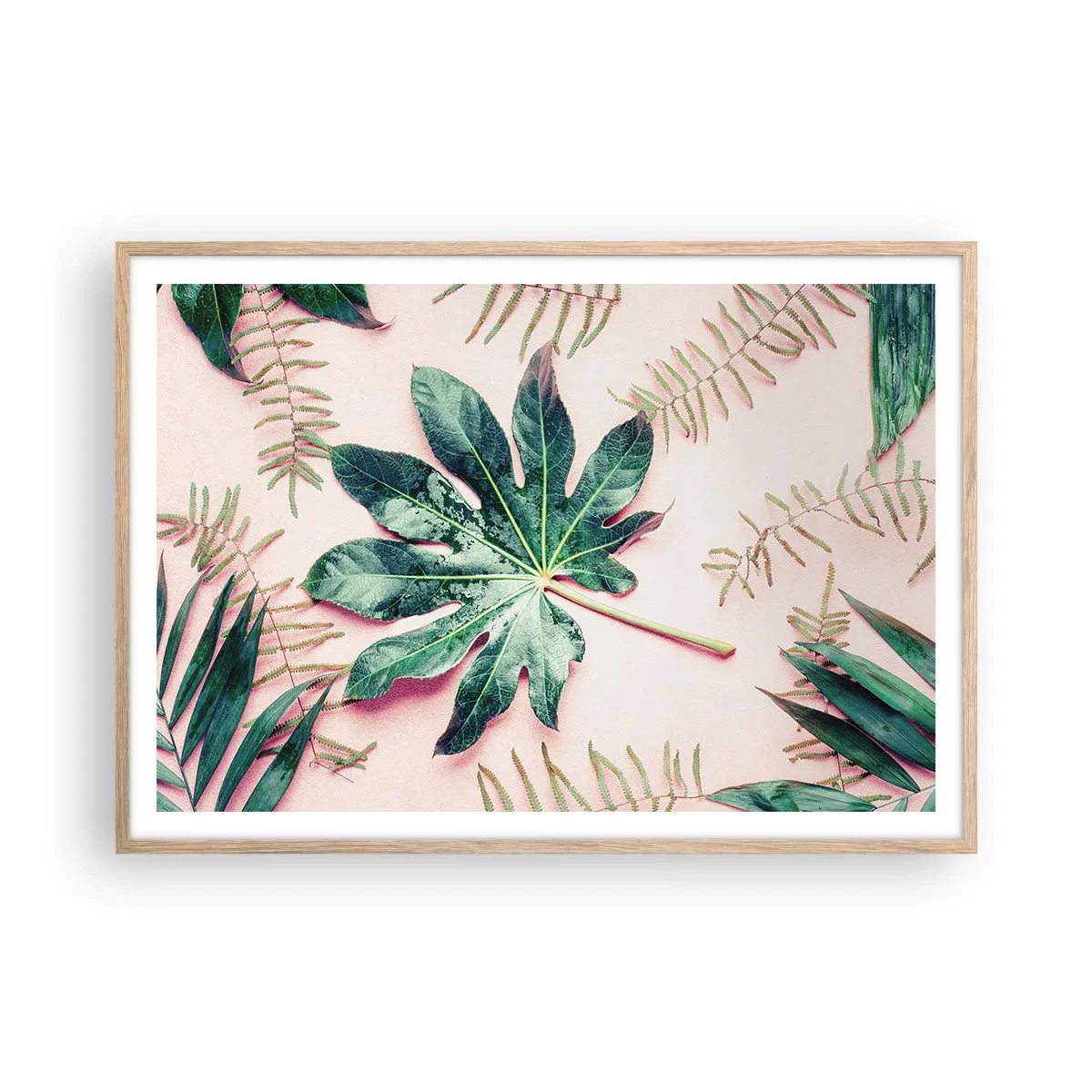Poster in cornice rovere chiaro - Studio di verde su sfondo rosa - 100x70 cm