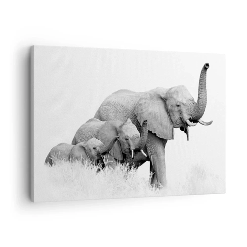 Quadro su tela - Stampe su Tela - Una famiglia di elefanti sullo sfondo di un paesaggio africano in bianco e nero. - 70x50cm - Uno, due, tre - Decorazione murale moderna per soggiorno e camera da letto ARTTOR