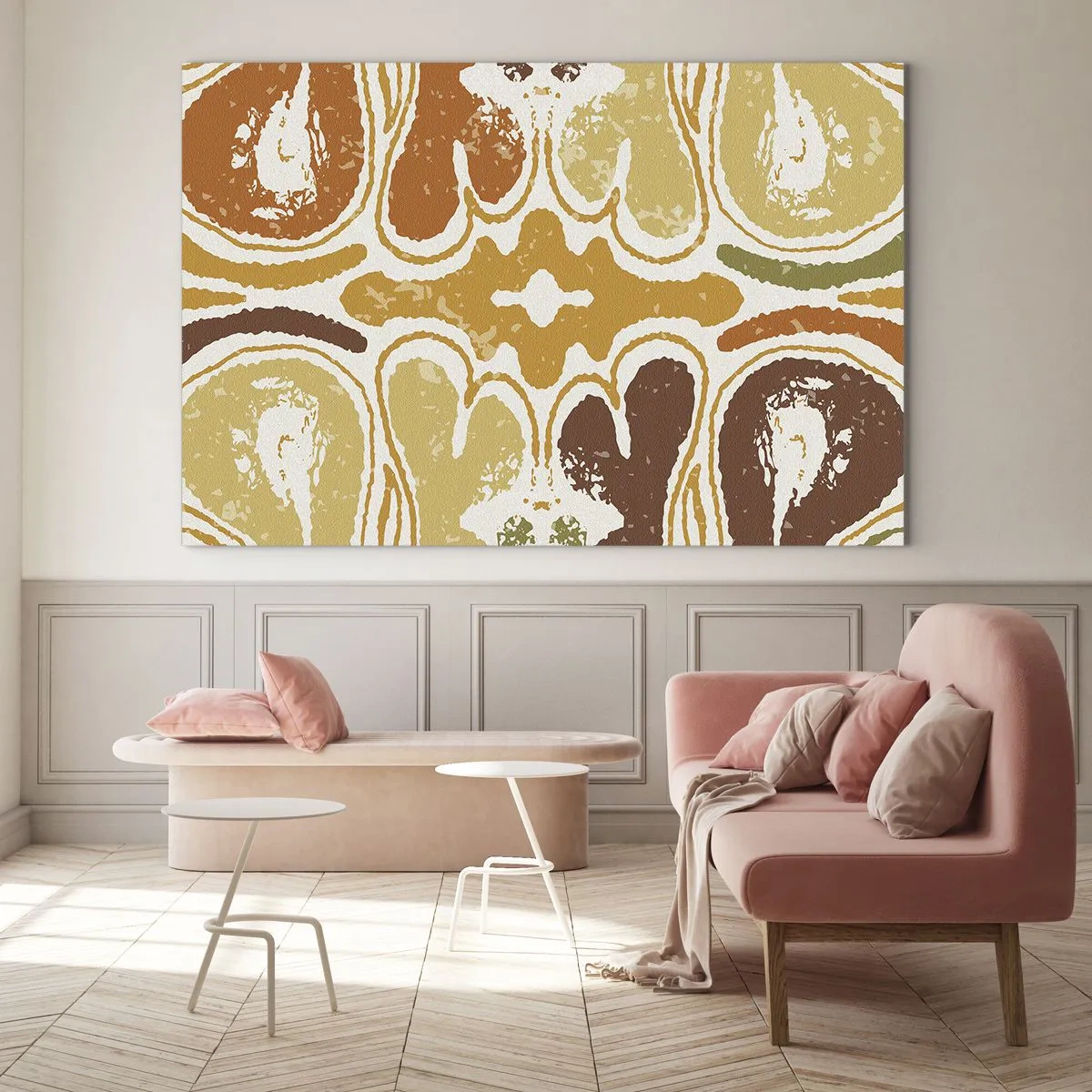 Quadro su vetro - Astrazione simmetrica nei toni caldi della terra - 70x50cm - Astrazione sentimentale - Decorazione murale moderna per soggiorno e camera da letto ARTTOR