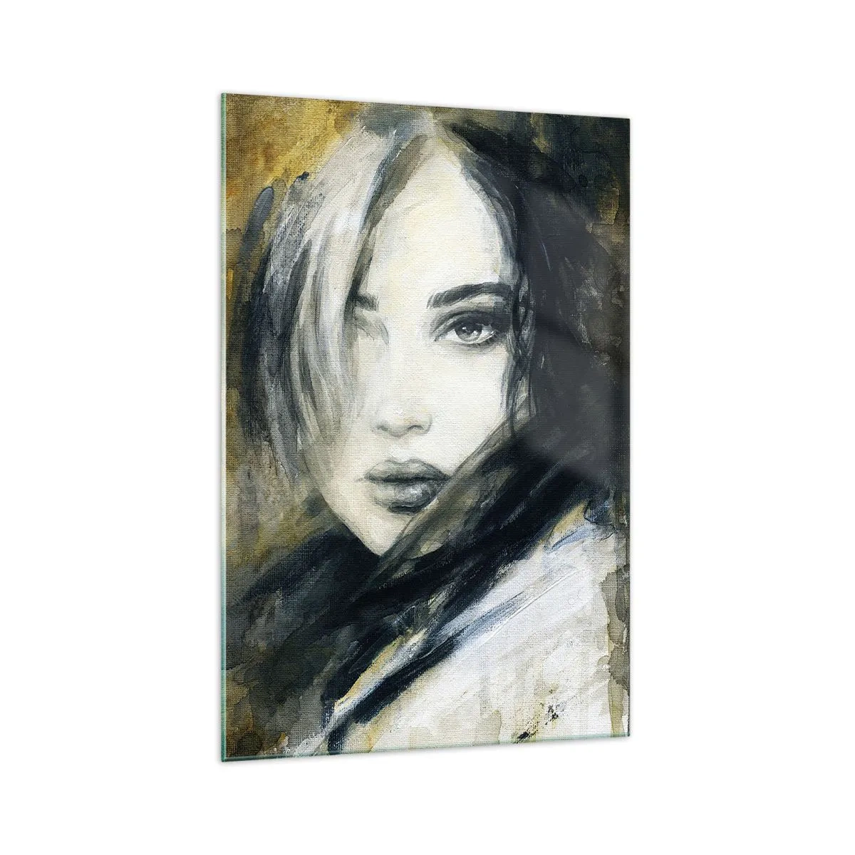 Quadro su vetro - Ritratto di una donna su uno sfondo di macchie astratte nei toni del beige - 70x100cm - Più innocente o sensuale? - Decorazione murale moderna per soggiorno e camera da letto ARTTOR