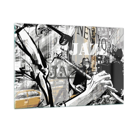 Quadro su vetro - Un elegante disegno di un musicista jazz che suona la tromba in un'ambientazione newyorkese. - 120x80cm - Al ritmo di New York - Decorazione murale moderna per soggiorno e camera da letto ARTTOR