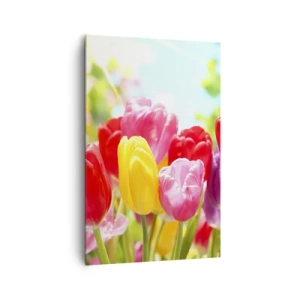 Quadro su tela - Stampe su Tela - Tulipani colorati in piena fioritura su uno sfondo primaverile - 80x120cm - Eccoci, i colori di maggio! - Decorazione murale moderna per soggiorno e camera da letto ARTTOR
