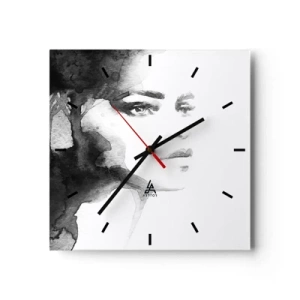 Orologio da parete - Orologio in Vetro - Un sottile ritratto di una donna nei toni del bianco e nero - 30x30cm - Fatta di mistero e di nebbia - Decorazione murale moderna per soggiorno e camera da letto ARTTOR