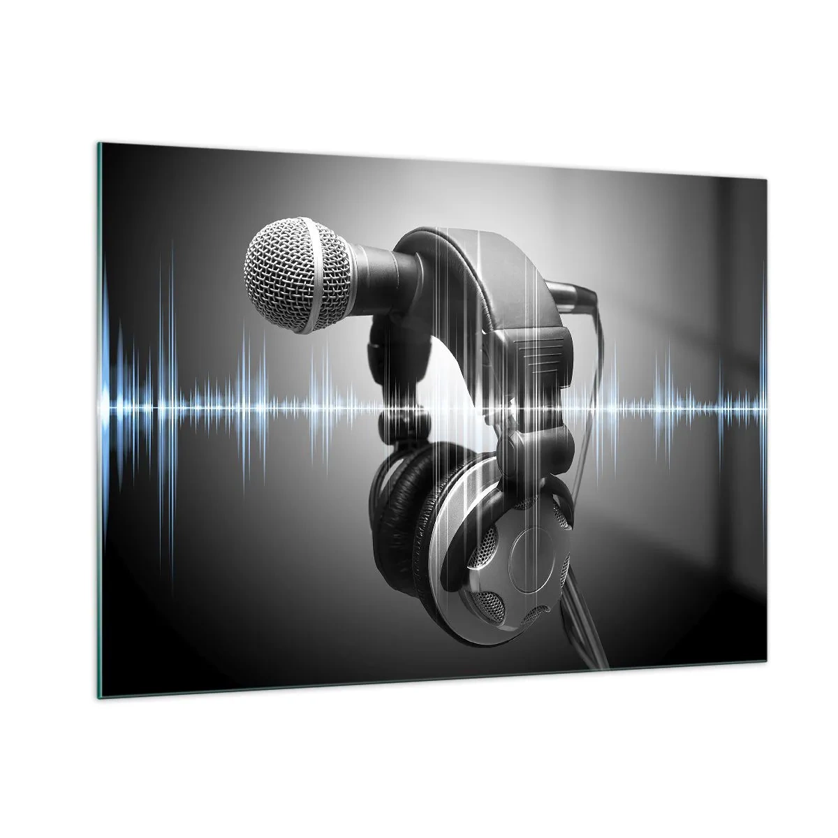 Quadro su vetro - Microfono con cuffie su uno sfondo di onde sonore - 100x70cm - Si sente ancora il canto - Decorazione murale moderna per soggiorno e camera da letto ARTTOR
