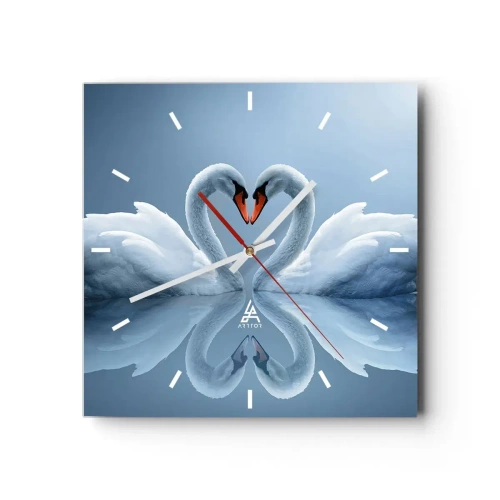 Orologio da parete - Orologio in Vetro - Due cigni formano un cuore su una superficie calma dell'acqua - 30x30cm - Il tempo dell'amore - Decorazione murale moderna per soggiorno e camera da letto ARTTOR