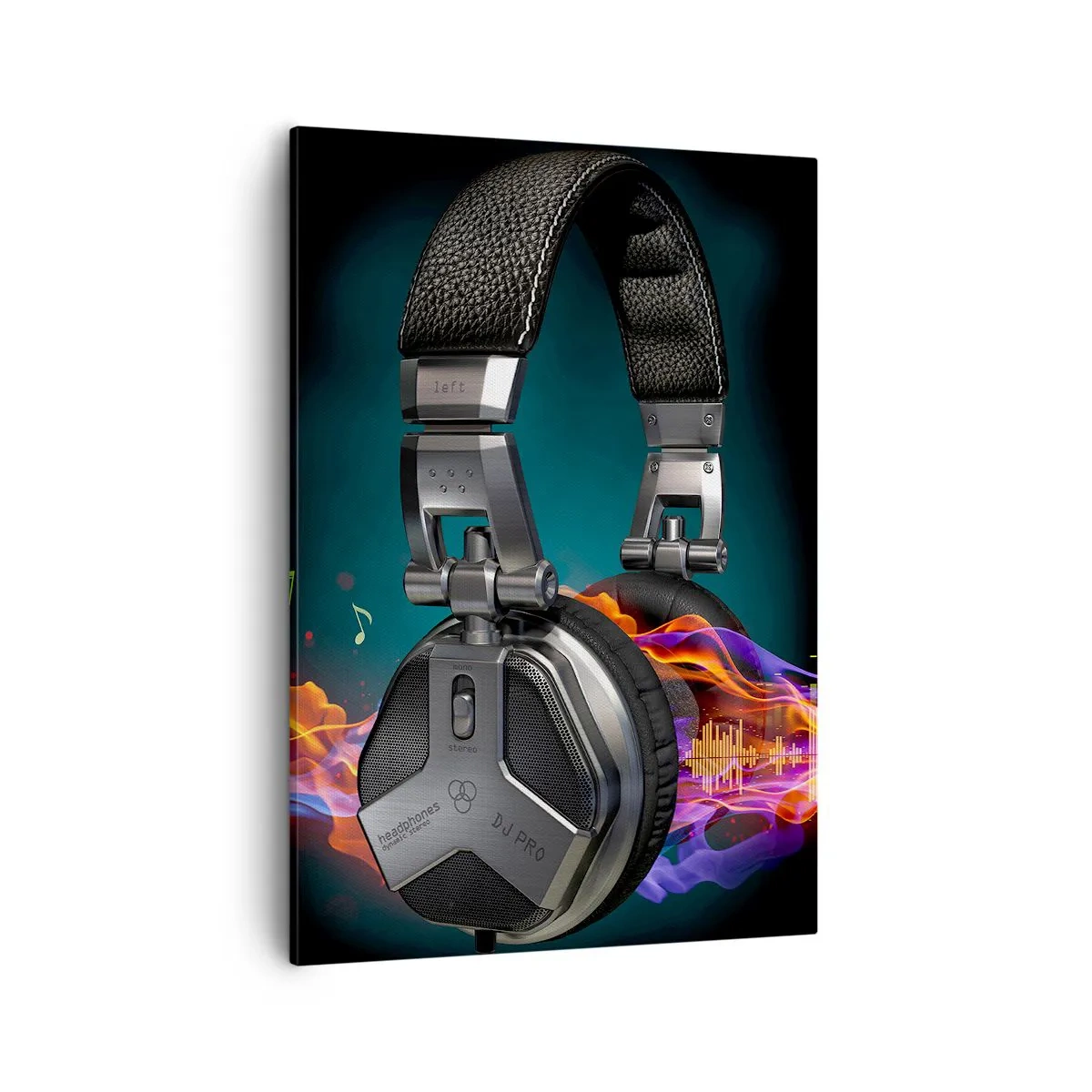 Quadro su tela - Stampe su Tela - Cuffie nere con effetto di visualizzazione musicale colorato - 50x70cm - Nel fuoco della musica - Decorazione murale moderna per soggiorno e camera da letto ARTTOR
