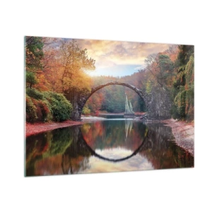 Quadro su vetro - Un ponte di pietra riflesso in un lago in mezzo a una foresta autunnale - 100x70cm - Dall'altro lato dello specchio - Decorazione murale moderna per soggiorno e camera da letto ARTTOR