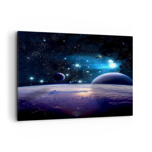 Quadro su tela - Stampe su Tela - Una vista dello spazio con pianeti e stelle - 100x70cm - Sempre da soli? - Decorazione murale moderna per soggiorno e camera da letto ARTTOR