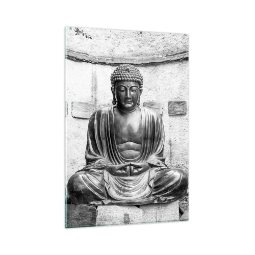 Quadro su vetro - Statua del Buddha in bianco e nero in posa meditativa - 80x120cm - Alla fonte della pace - Decorazione murale moderna per soggiorno e camera da letto ARTTOR