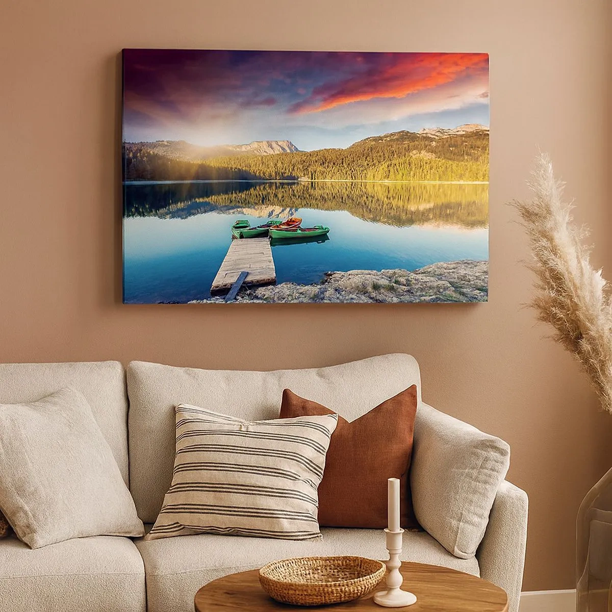 Quadro su tela - Stampe su Tela - Tramonto sul lago con barche al molo - 70x50cm - Sull'acqua liscia come uno specchio - Decorazione murale moderna per soggiorno e camera da letto ARTTOR