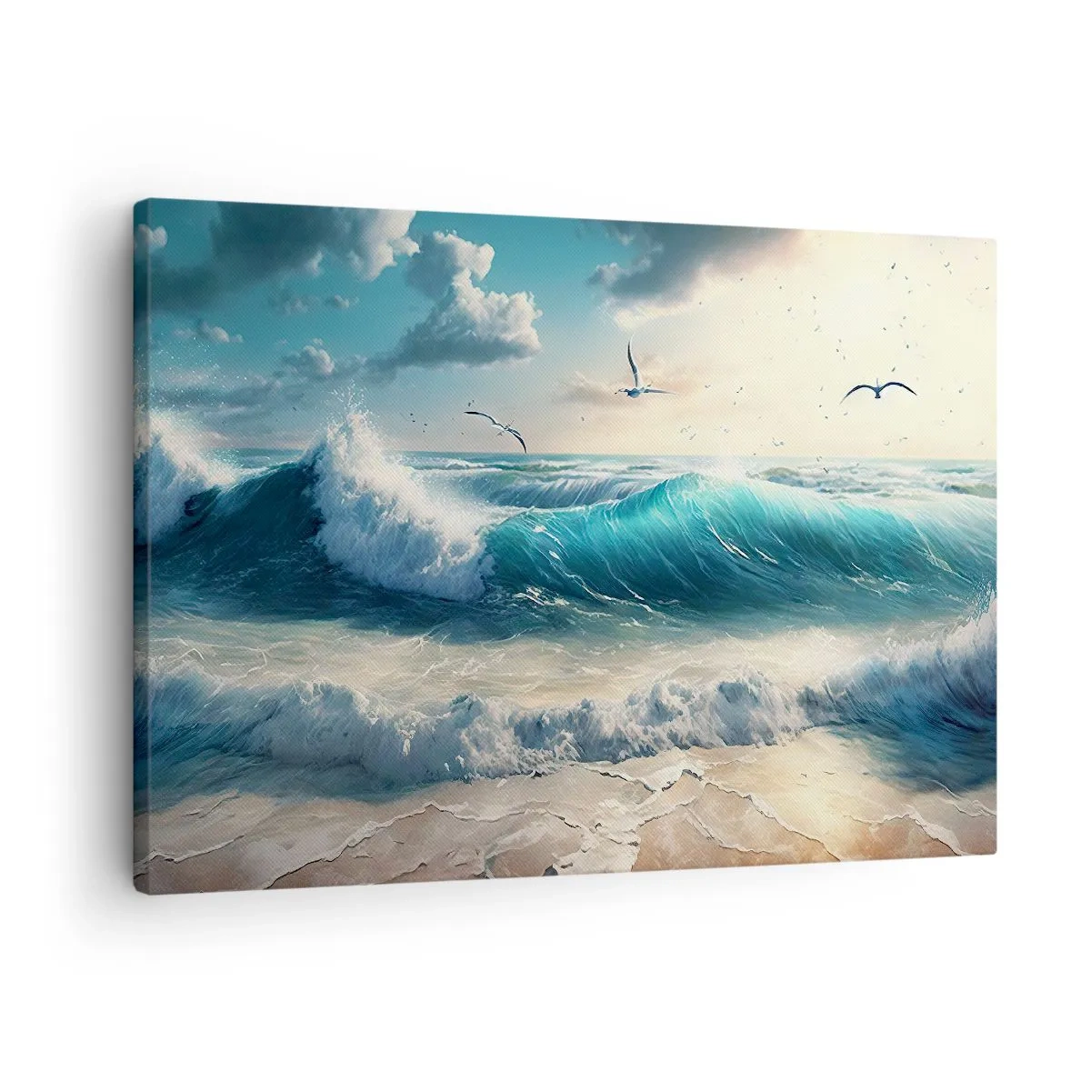 Quadro su tela - Stampe su Tela - Onde del mare sulla spiaggia sotto un cielo azzurro con gabbiani - 70x50cm - Mormora solo per te - Decorazione murale moderna per soggiorno e camera da letto ARTTOR
