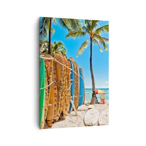 Quadro su tela - Stampe su Tela - Tavole da surf su una spiaggia con palme - 70x100cm - Divertimento sotto il sole - Decorazione murale moderna per soggiorno e camera da letto ARTTOR