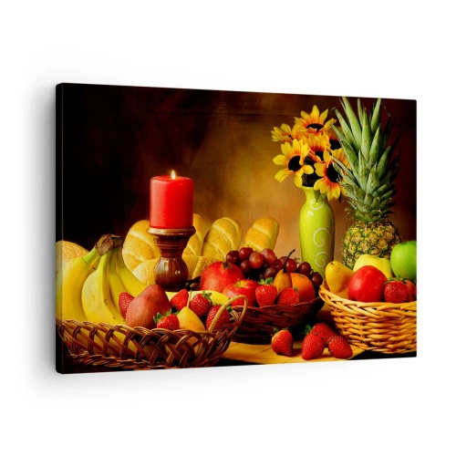 Quadro su tela - Stampe su Tela - Natura morta con frutta, pane, candela e fiori - 70x50cm - Natura morta con pane e frutta - Decorazione murale moderna per soggiorno e camera da letto ARTTOR