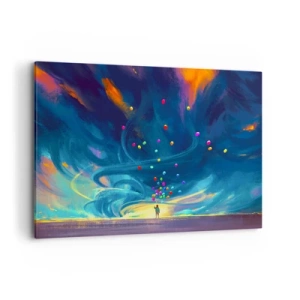 Quadro su tela - Stampe su Tela - Una figura con palloncini su uno sfondo di nuvole colorate e vorticose - 100x70cm - Sul vento blu - Decorazione murale moderna per soggiorno e camera da letto ARTTOR
