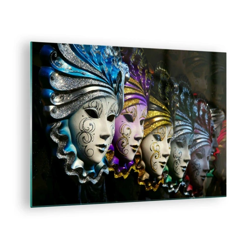 Quadro su vetro - Maschere veneziane colorate in fila - 70x50cm - Mistero in oro e argento - Decorazione murale moderna per soggiorno e camera da letto ARTTOR