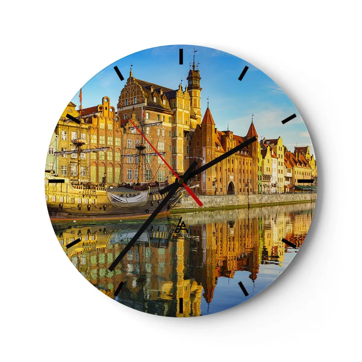 Orologio da parete - Orologio in Vetro - Panorama della città vecchia con riflesso nell'acqua alla luce del tramonto - 30x30cm - Il riflesso del passato - Decorazione murale moderna per soggiorno, cucina e camera da letto ARTTOR