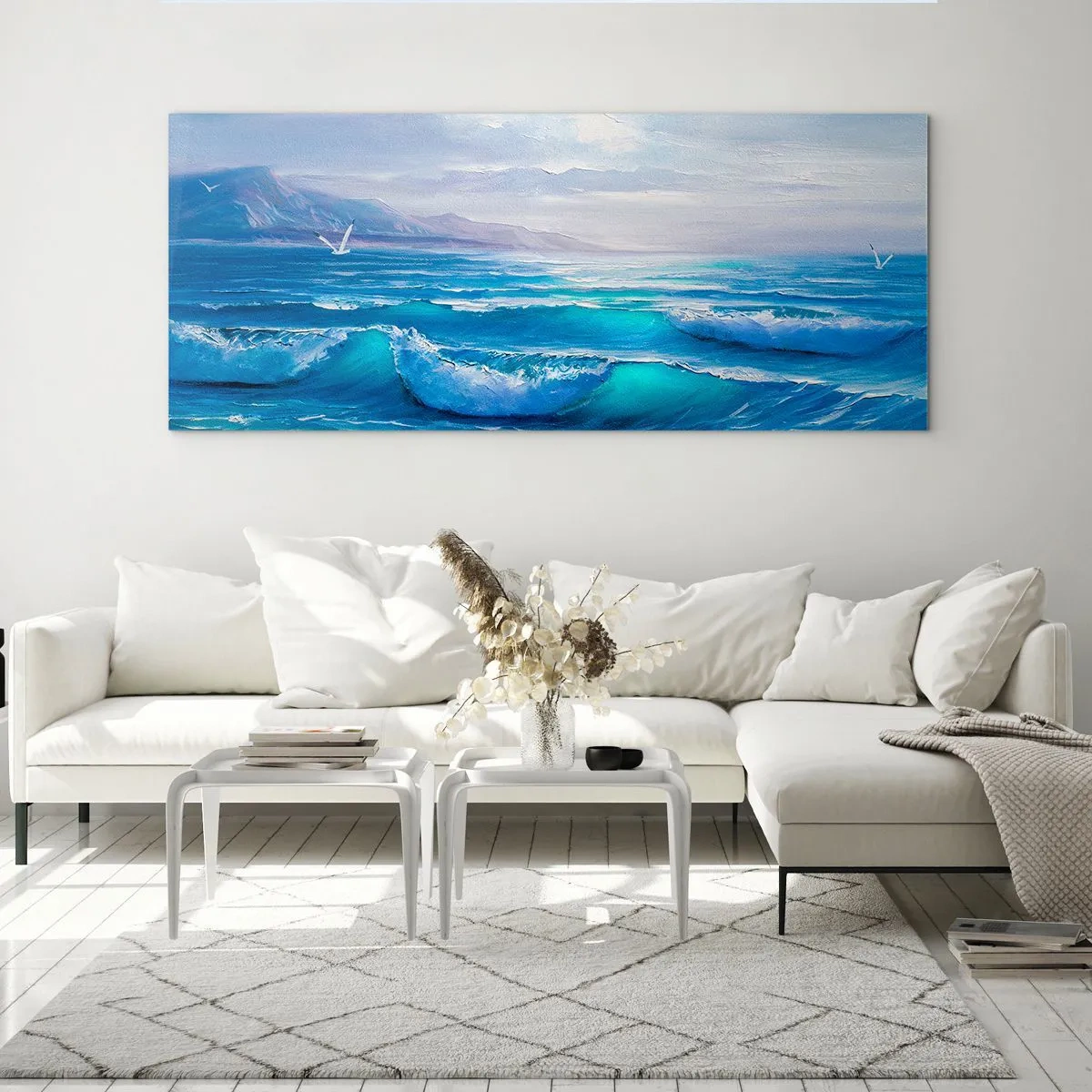 Quadro su vetro - Un pittoresco paesaggio marino con onde e cielo azzurro - 120x50cm - Porta sollievo - Decorazione murale moderna per soggiorno e camera da letto ARTTOR