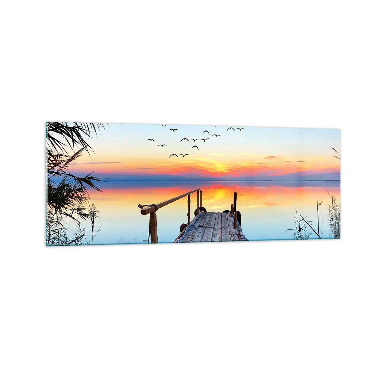 Quadro su vetro - Molo di legno sul lago al tramonto - 140x50cm - Il tempo del ritorno - Decorazione murale moderna per soggiorno e camera da letto ARTTOR