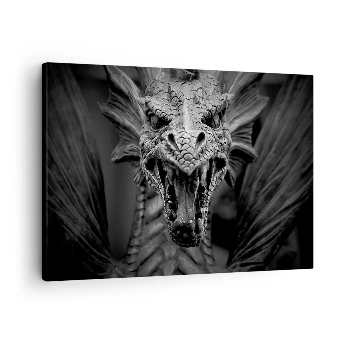 Quadro su tela - Stampe su Tela - Una minacciosa testa di drago in bianco e nero con dettagli espressivi. - 70x50cm - Drago favoloso in grigio - Decorazione murale moderna per soggiorno e camera da letto ARTTOR