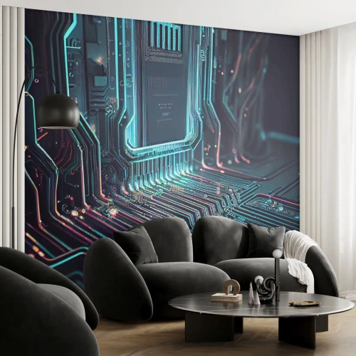 Fotomurali Premium Sand - Struttura moderna del circuito integrato al neon - 100x70cm - Sto pensando qualcosa... - Decorazione murale moderna per soggiorno e camera da letto ARTTOR