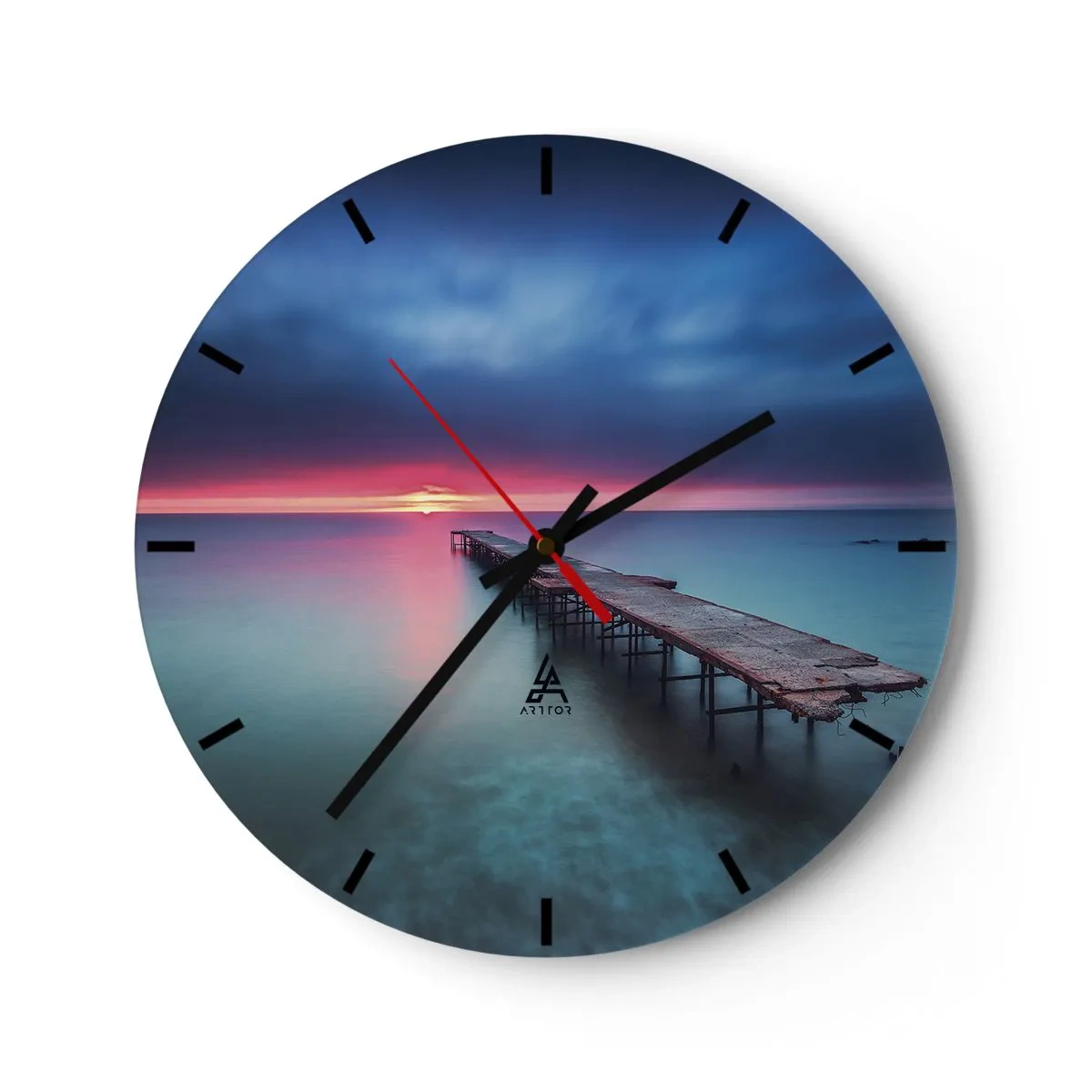 Orologio da parete - Orologio in Vetro - Un molo di legno su un mare calmo al tramonto - 30x30cm - Tra il cielo e la terra - Decorazione murale moderna per soggiorno, cucina e camera da letto ARTTOR