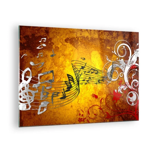 Quadro su vetro - Motivi musicali su uno sfondo di ornamenti dorati - 70x50cm - Che la musica scorra - Decorazione murale moderna per soggiorno e camera da letto ARTTOR