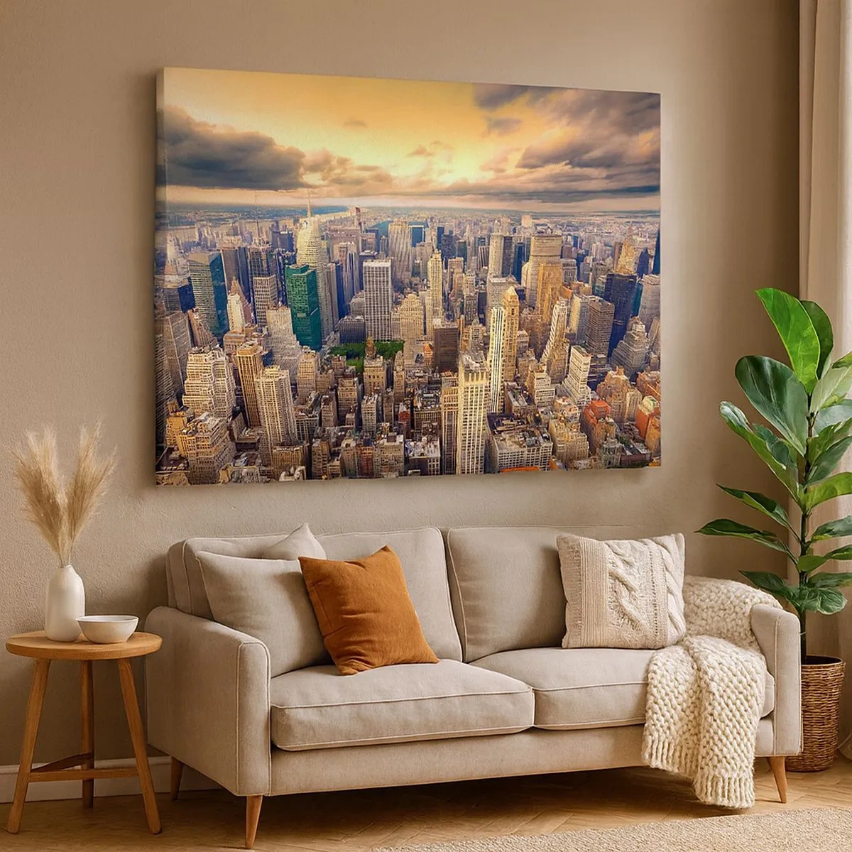 Quadro su tela - Stampe su Tela - Panorama della città con vista sui grattacieli al tramonto - 70x50cm - Metropolis dorata - Decorazione murale moderna per soggiorno e camera da letto ARTTOR