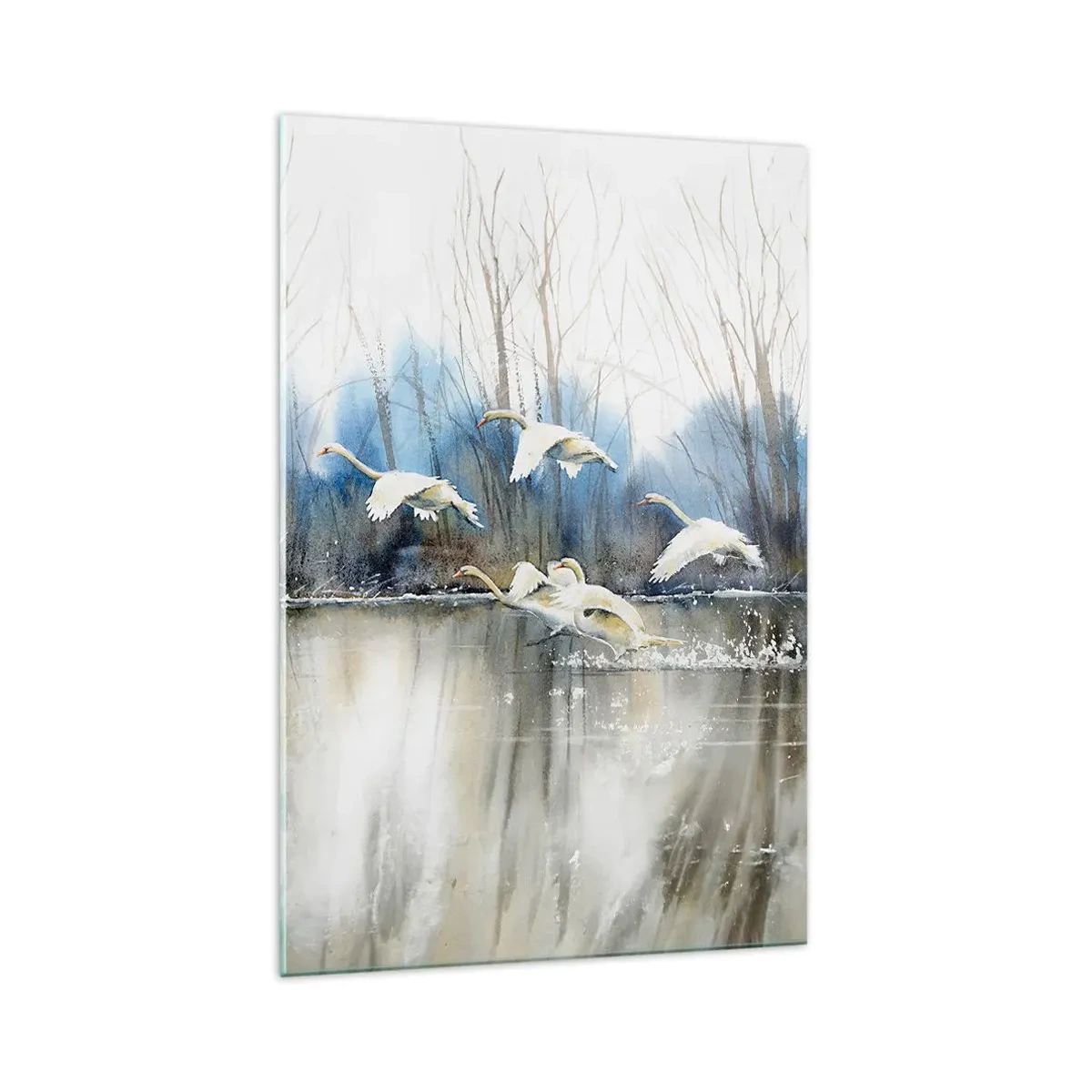 Quadro su vetro - Cigni in volo sopra un lago ghiacciato in un paesaggio invernale - 70x100cm - Come la favola dei cigni selvatici - Decorazione murale moderna per soggiorno e camera da letto ARTTOR