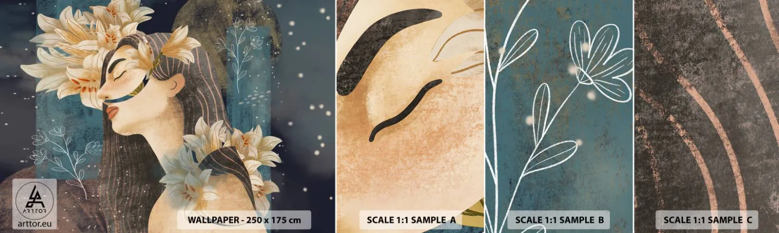 Campione Di Fotomurale Standard Eco - La favola della principessa con i gigli - Astrazione, Donna, Fiori - 100x30 cm