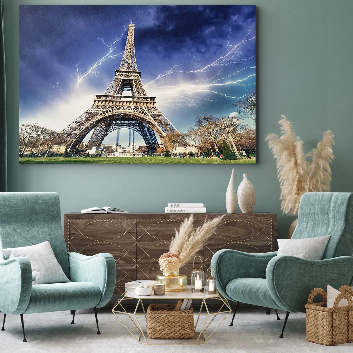Quadro su tela - Stampe su Tela - La Torre Eiffel con un cielo tempestoso e fulmini sullo sfondo - 70x50cm - La signora delle tempeste - Decorazione murale moderna per soggiorno e camera da letto ARTTOR