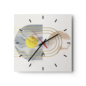 Orologio da parete - Orologio in Vetro - Composizione astratta con cerchi e linee dorate su uno sfondo chiaro. - 30x30cm - Chiarezza e lucentezza - Decorazione murale moderna per soggiorno e camera da letto ARTTOR