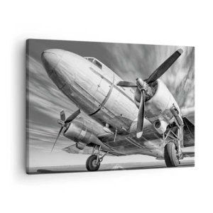 Quadro su tela - Stampe su Tela - Immagine in bianco e nero di un aereo classico con dettagli strutturali visibili. - 70x50cm - Sempre pronto al volo - Decorazione murale moderna per soggiorno e camera da letto ARTTOR