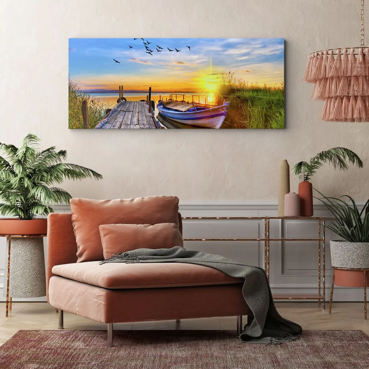 Quadro su tela - Stampe su Tela - Una barca su un molo di legno al tramonto - 140x50cm - A domani - Decorazione murale moderna per soggiorno e camera da letto ARTTOR