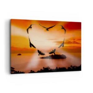 Quadro su tela - Stampe su Tela - Uccelli che formano un cuore sullo sfondo del sole al tramonto - 120x80cm - Ama il mondo come fanno gli uccelli - Decorazione murale moderna per soggiorno e camera da letto ARTTOR