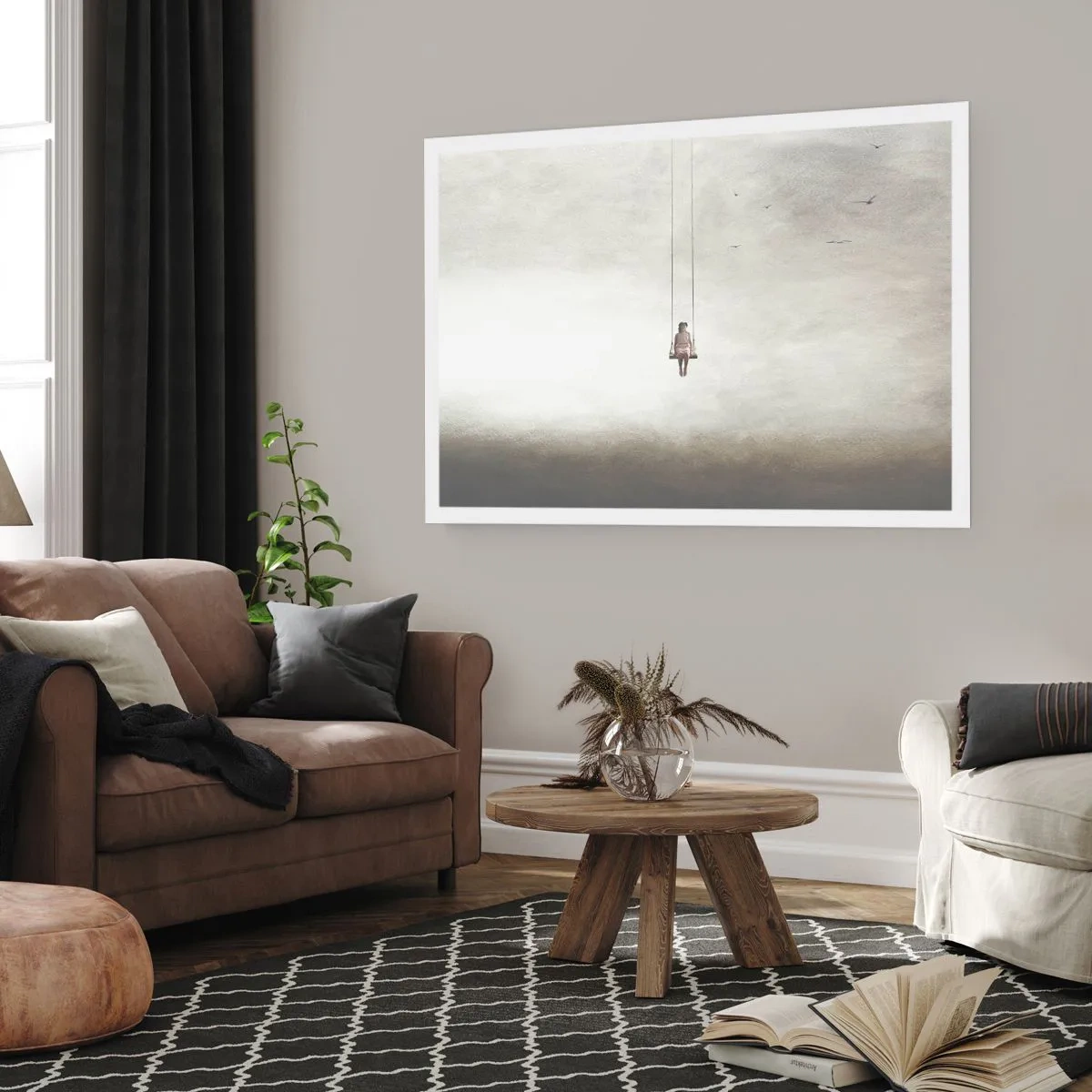 Poster - Una figura su un'altalena sospesa nello spazio - 100x70cm - Il bambino che è in noi - Decorazione murale moderna per soggiorno e camera da letto ARTTOR