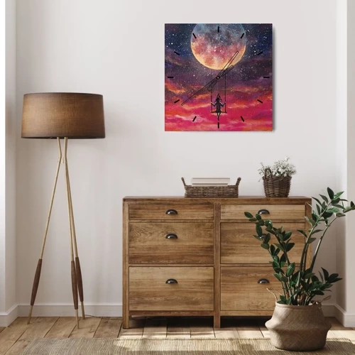 Orologio da parete - Orologio in Vetro - Una figura su un'altalena sospesa contro la luna - 30x30cm - Con la testa tra le nuvole - Decorazione murale moderna per soggiorno e camera da letto ARTTOR