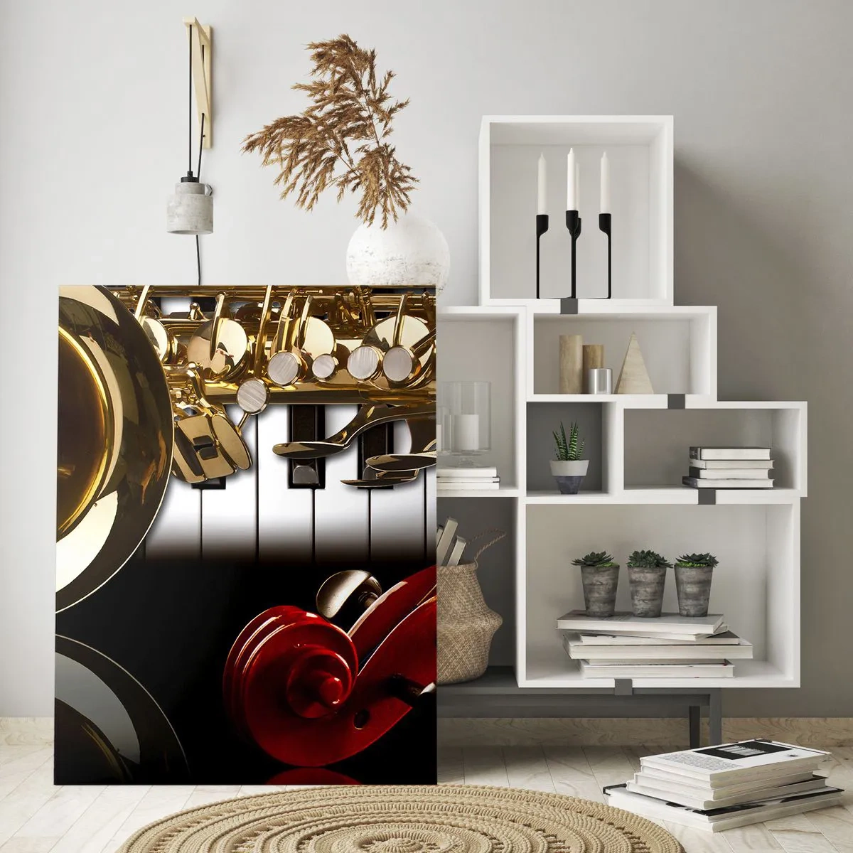 Quadro su vetro - Un sassofono dorato, tasti di pianoforte e un violino rosso - 80x120cm - Metallo, legno e avorio - Decorazione murale moderna per soggiorno e camera da letto ARTTOR