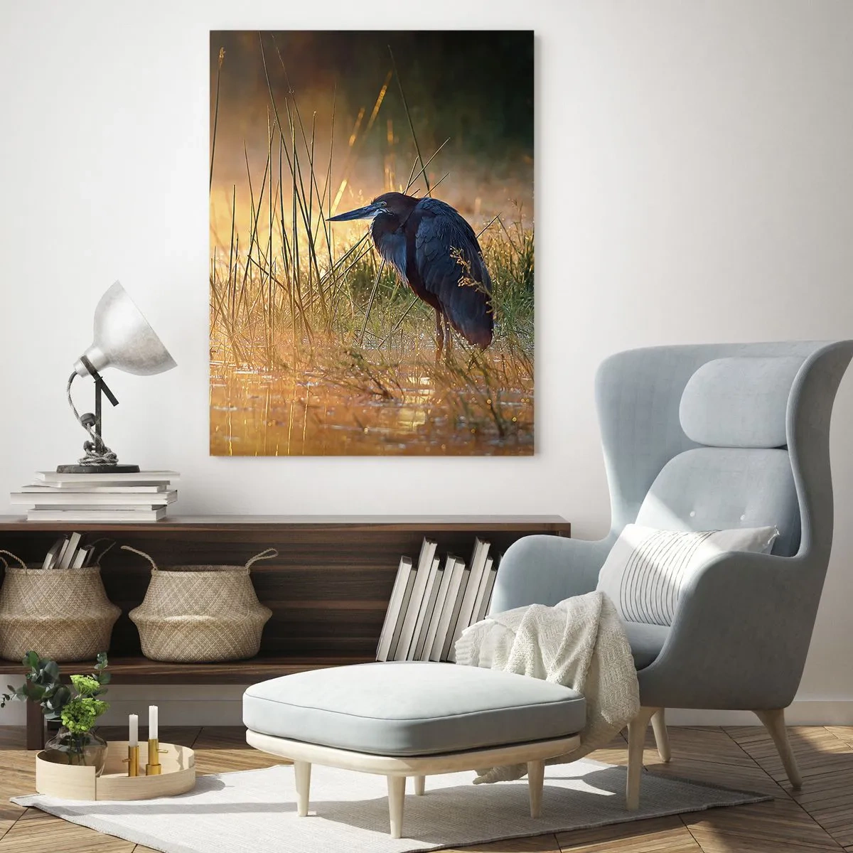 Quadro su vetro - Tramonto su un lago con un airone - 50x70cm - Basta con queste foto - Decorazione murale moderna per soggiorno e camera da letto ARTTOR