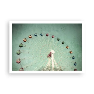 Poster - Una ruota panoramica colorata contro un cielo blu in stile retrò - 100x70cm - Venite a divertirvi - Decorazione murale moderna per soggiorno e camera da letto ARTTOR
