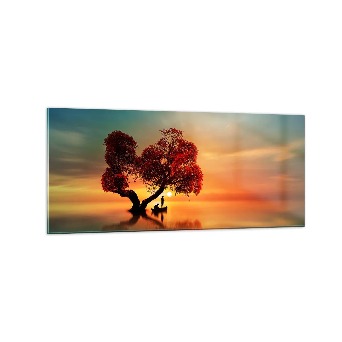 Quadro su vetro - Un albero dalle foglie rosse e una barca sull'acqua al tramonto - 120x50cm - Gli esiliati e il silenzio fuori dal mondo - Decorazione murale moderna per soggiorno e camera da letto ARTTOR