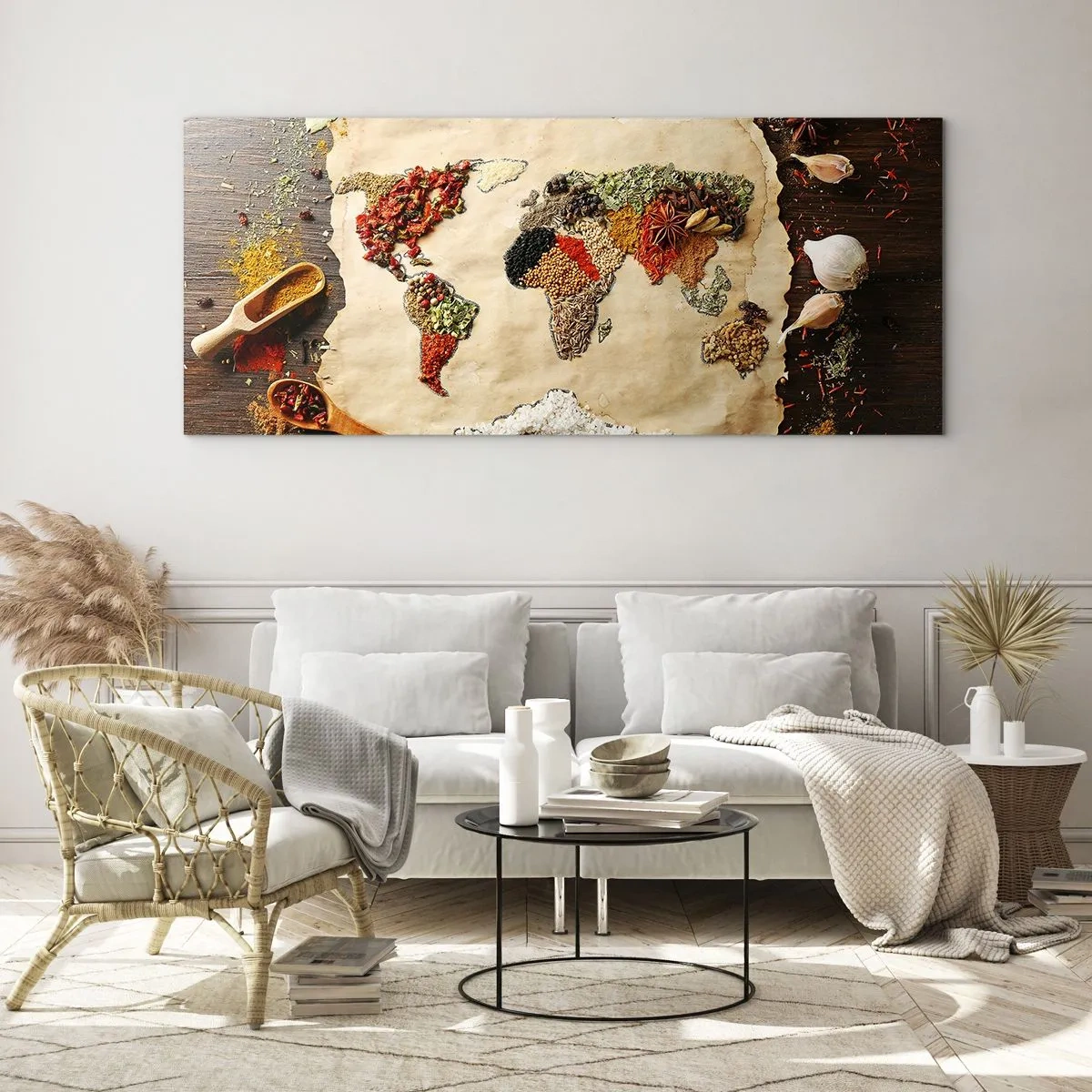 Quadro su vetro - Una mappa del mondo fatta di spezie su uno sfondo di legno. - 140x50cm - Tutti i gusti del mondo - Decorazione murale moderna per soggiorno e camera da letto ARTTOR