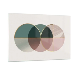 Quadro su vetro - Forme geometriche con sfumature di verde e rosa su uno sfondo chiaro - 120x80cm - Un cerchio dietro l'altro... - Decorazione murale moderna per soggiorno e camera da letto ARTTOR