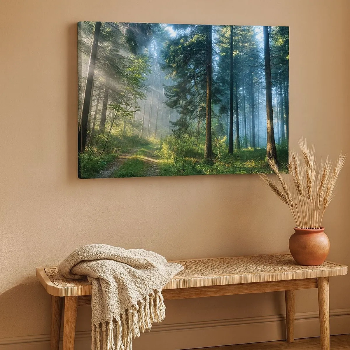 Quadro su tela - Stampe su Tela - Un sentiero nel bosco illuminato dai raggi del sole mattutino - 70x50cm - Raggiante all'alba - Decorazione murale moderna per soggiorno e camera da letto ARTTOR