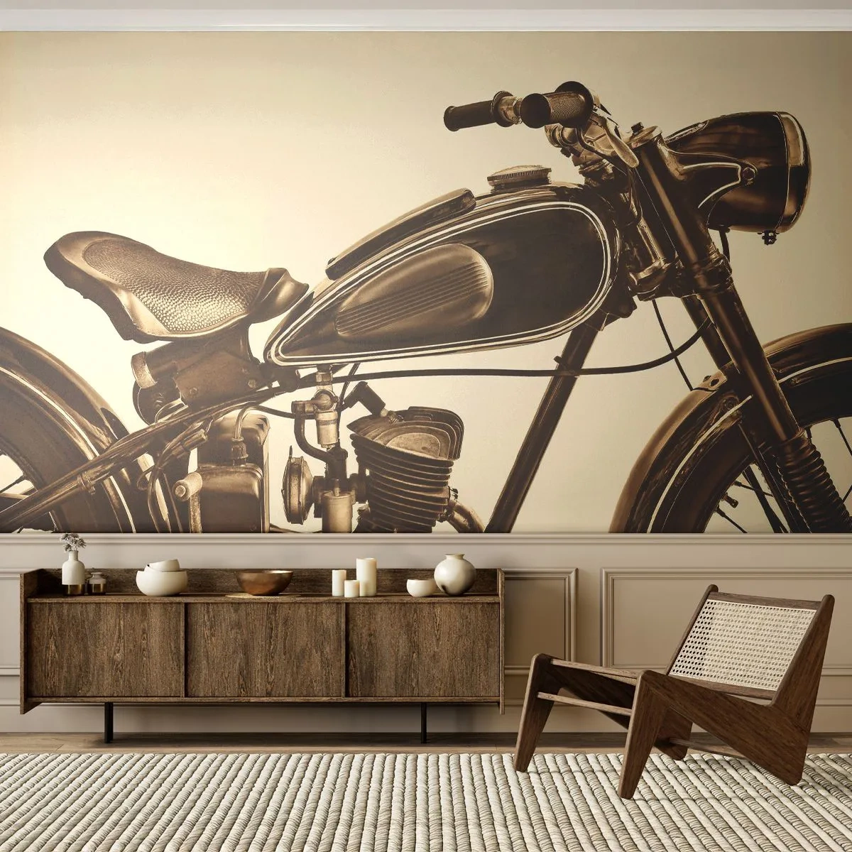 Fotomurali Premium Sand - Una motocicletta retrò d'epoca su uno sfondo chiaro - 100x70cm - Nostalgia per la classicità - Decorazione murale moderna per soggiorno e camera da letto ARTTOR