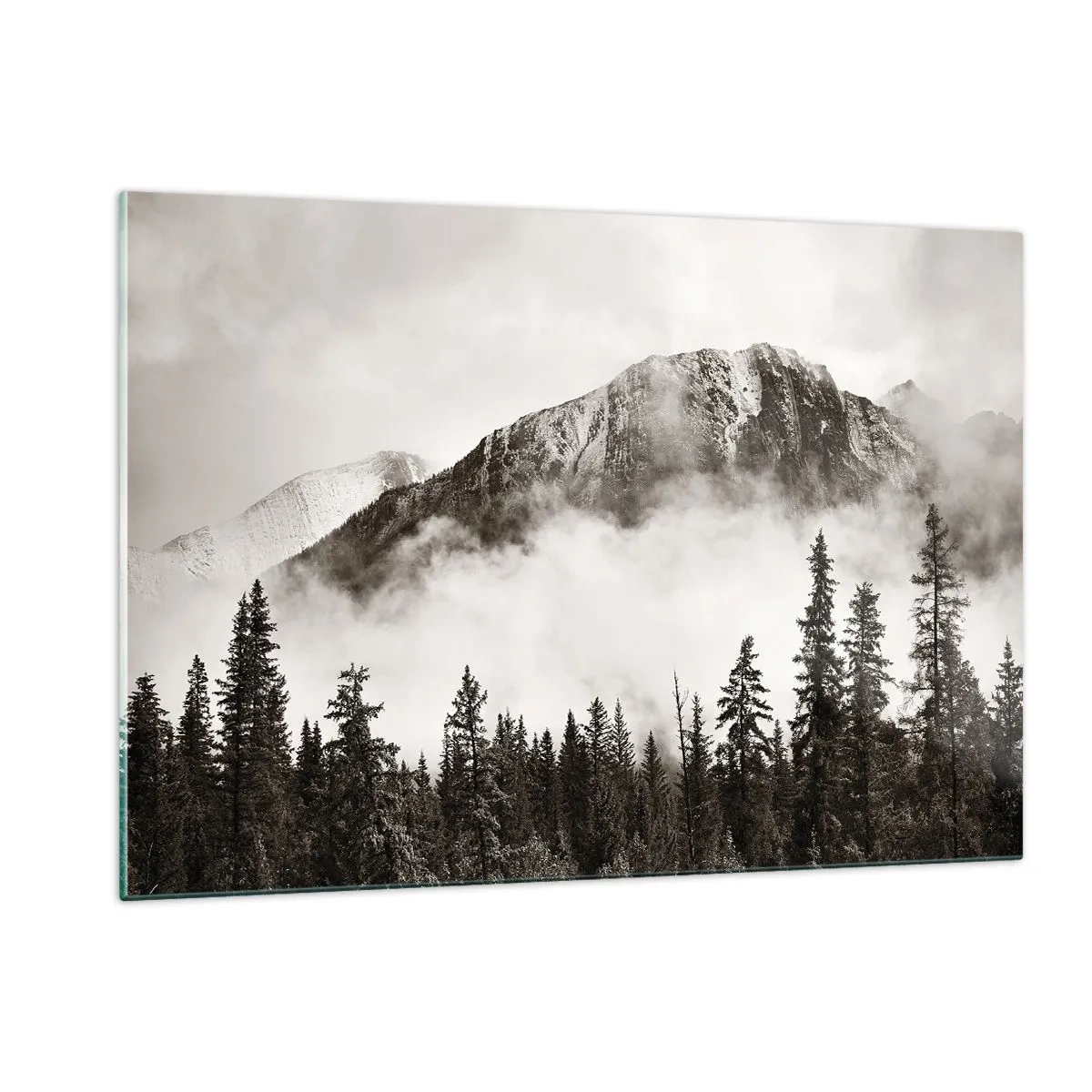Quadro su vetro - Paesaggio montano con foresta e nebbia nei toni seppia - 120x80cm - Il sovrano di granito - Decorazione murale moderna per soggiorno e camera da letto ARTTOR