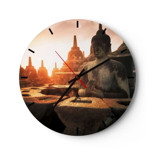 Orologio da parete - Orologio in Vetro - Tramonto sulle statue del Buddha circondate dai templi - 30x30cm - La pagoda della grande saggezza - Decorazione murale moderna per soggiorno, cucina e camera da letto ARTTOR